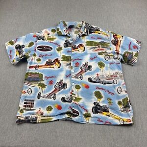 Vintage Matt Rider Shirt Mens Large Blue Hawaiian Top Fuel Drag Racing Camp USA